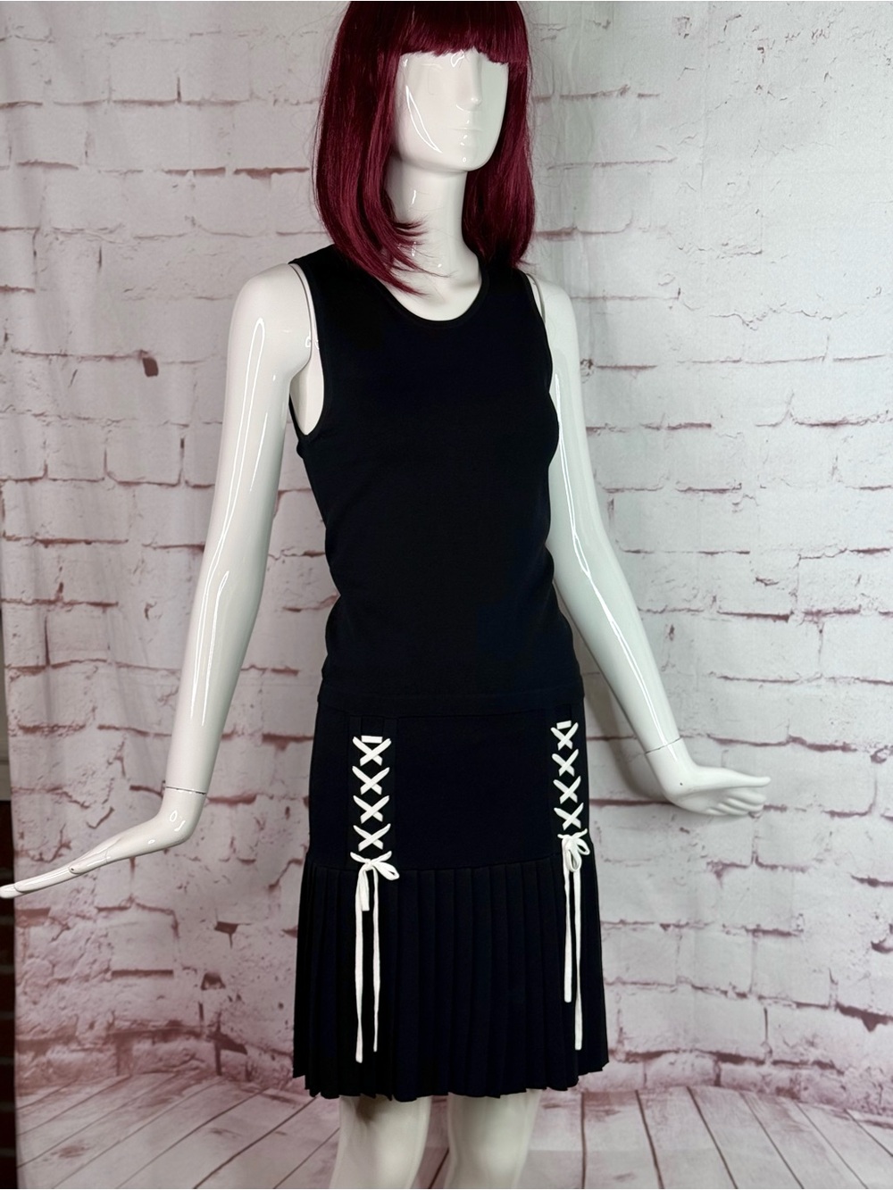PARKER XS Kennedy Black Knit Pleated Skirt Drop Waist Lace Up Ties Tank Dress XS - Picture 16 of 16